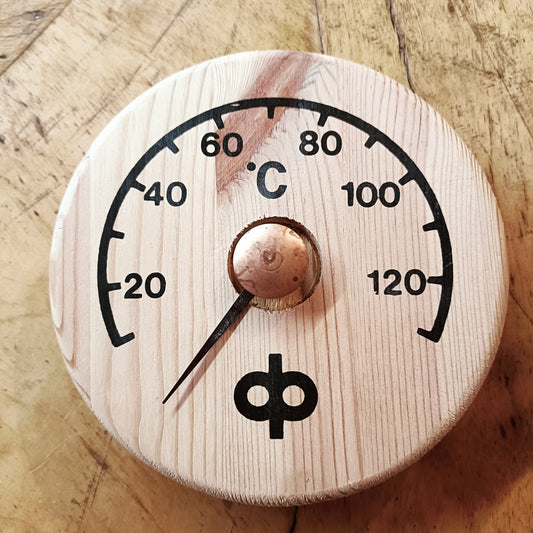 Puinen pyöreä löylymittari