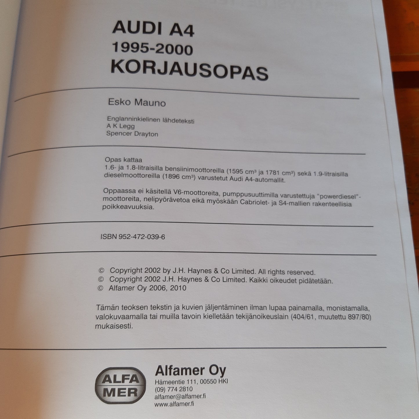 alfamer audi a4 1995-2000 korjausopas