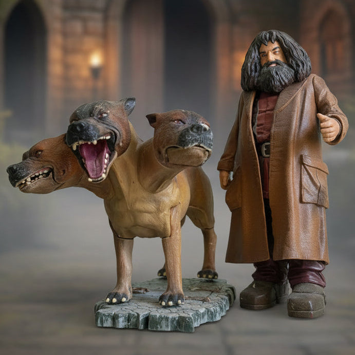 Harry Potter Hagrid-figuuri ja kolmipäinen koira