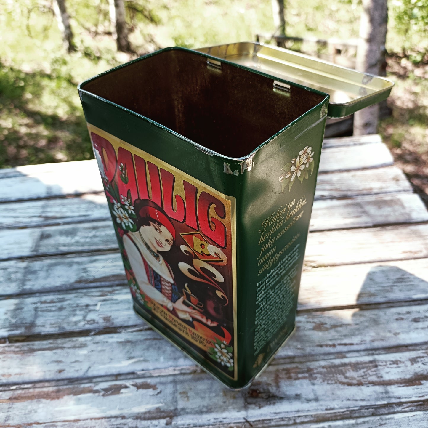 Paulig vihreä peltinen kahvipurkki kannella