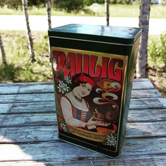 Paulig vihreä peltinen kahvipurkki kannella