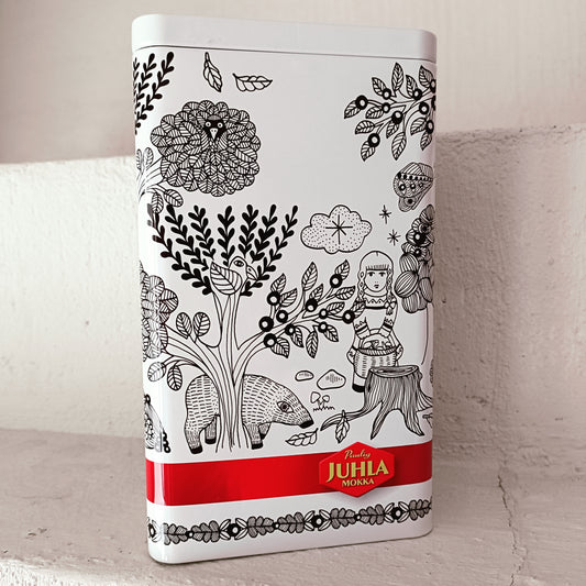 Paulig peltinen Juhla Mokka kahvipurkki kannella - 2015